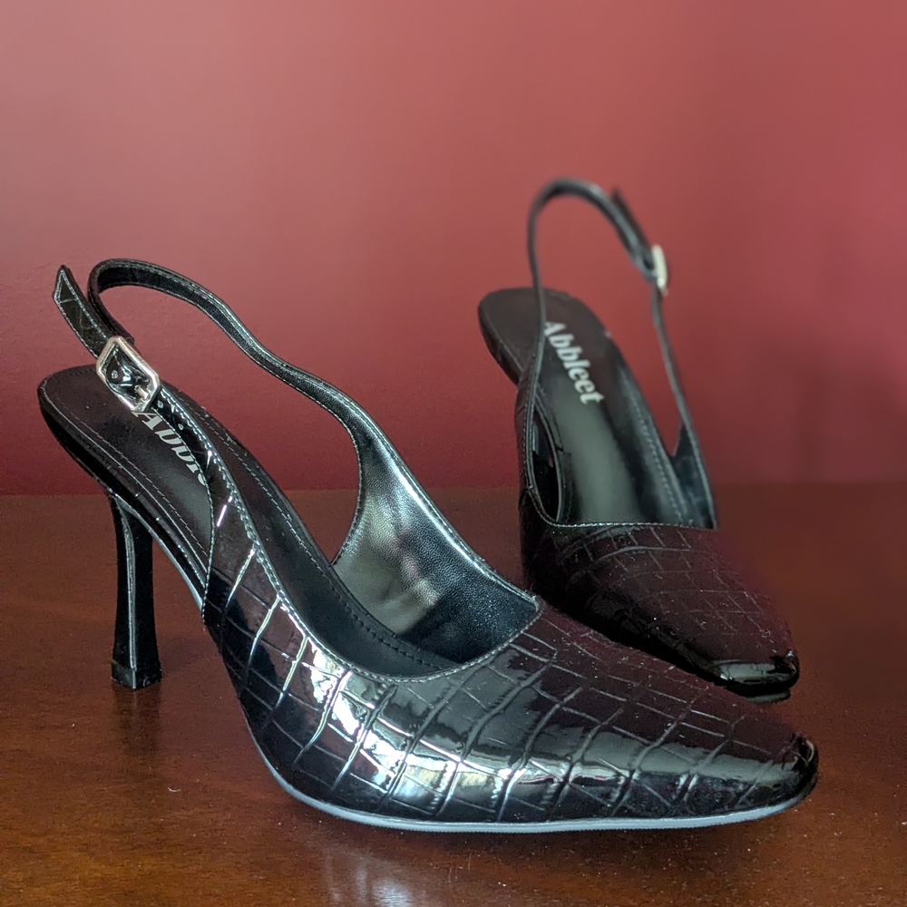 Black Croc-Patterned Slingback Heels - image 2